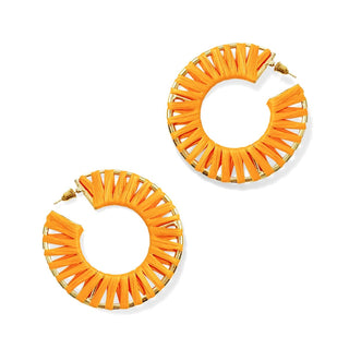 Tangerine Raffia Hoop Earrings Orange Gold Statement Jewelry #VLJ504-ORG - Hoop Earrings