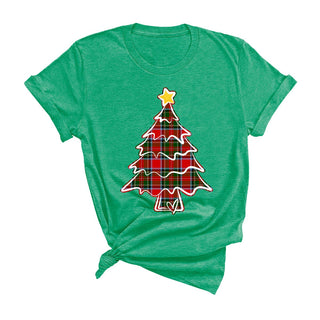 Tartan Christmas Tree T Shirt Plaid Holiday Graphic Winter Gift Tee #HPTS-HKGRNSM-TNTREE - Screen Printed T-Shirt