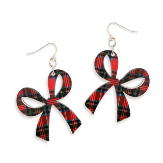 Tartan Plaid Bow Earrings Christmas Holiday Preppy Statement Jewelry #ACE-300SV-BOW-TPLAID - Dangle Earrings