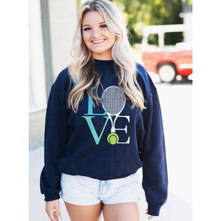Tennis Love Navy Sweatshirt Cute Tennis Player Cozy Pullover #HPSW-NAVY-TLOVE24 - Graphic Sweatshirt - Women’s