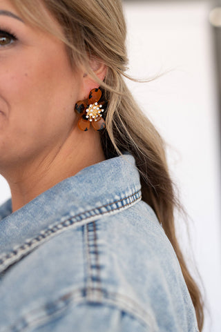 Tortoise Flower Earrings Rhinestone Statement Jewelry Gift for Her #VLJE0083-TOR