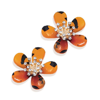 Tortoise Flower Earrings Rhinestone Statement Jewelry Gift for Her #VLJE0083-TOR - Stud/Post Earrings