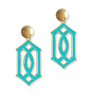Trellis Enamel Earrings Gold Plated Colorful Statement Jewelry #VLJE765 - Teal - Dangle Earrings