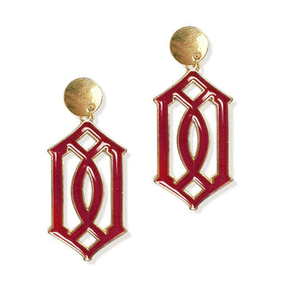 Trellis Enamel Earrings Gold Plated Colorful Statement Jewelry #VLJE765 - Garnet - Dangle Earrings