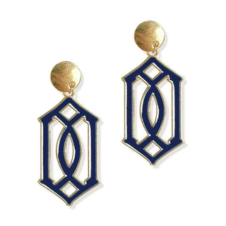 Trellis Enamel Earrings Gold Plated Colorful Statement Jewelry #VLJE765 - Navy - Dangle Earrings