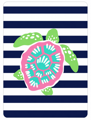 Pink and green sea turtle keepsake card with navy blue and white stripes