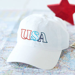 U.S.A. Outline White Embroidered Hat Patriotic Adjustable Cotton Baseball Cap #M190VL-WHT-OUSA - Baseball Cap - Unisex