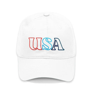 U.S.A. Outline White Embroidered Hat Patriotic Adjustable Cotton Baseball Cap #M190VL-WHT-OUSA - Baseball Cap - Unisex