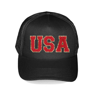 USA Varsity Patch Black Trucker Hat Patriotic Mesh Cap for Adults #HP197-BLK-PRDUSA - Trucker Hat - Women’s