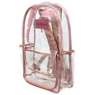 Viv&Lou® 17’’ Clear Backpack Pink Rose Trim Stadium Approved School Book Bag #BPC223-ROSE-VLP