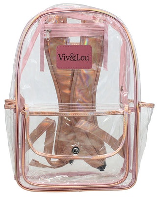 Viv&Lou® 17’’ Clear Backpack Pink Rose Trim Stadium Approved School Book Bag #BPC223-ROSE-VLP