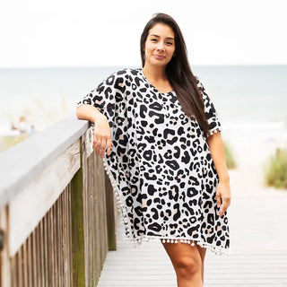 Viv&Lou® Catwalk Pom Pom Beach Cover Up Animal Print Resort Wrap #MA2020VL-CATW - Swim Cover Up - Women’s