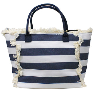 Viv&Lou® Navy Striped Heavy Cotton Fringed Tote Boho Beach Shopping Shoulder Bag #M4265WU-VLU