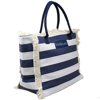 Viv&Lou® Navy Striped Heavy Cotton Fringed Tote Boho Beach Shopping Shoulder Bag #M4265WU-VLU