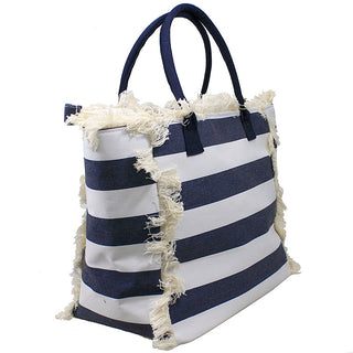 Viv&Lou® Navy Striped Heavy Cotton Fringed Tote Boho Beach Shopping Shoulder Bag #M4265WU-VLU