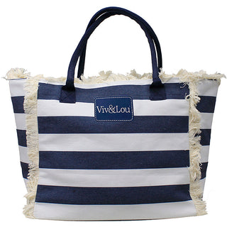 Viv&Lou® Navy Striped Heavy Cotton Fringed Tote Boho Beach Shopping Shoulder Bag #M4265WU-VLU