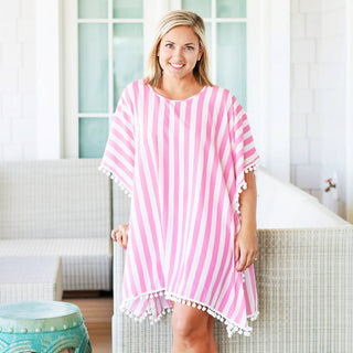 Viv&Lou® Pink Stripe Pom Pom Beach Cover Up Tropical Swim Wrap #MA2020VL-CLUB - Swim Cover Up - Women’s