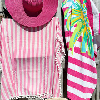 Viv&Lou® Pink Stripe Pom Pom Beach Cover Up Tropical Swim Wrap #MA2020VL-CLUB - Swim Cover Up - Women’s