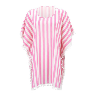 Viv&Lou® Pink Stripe Pom Pom Beach Cover Up Tropical Swim Wrap #MA2020VL-CLUB - Swim Cover Up - Women’s