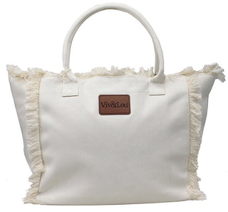 Viv&Lou® White Heavy Cotton Fringed Tote Boho Beach Shopping Shoulder Bag #M4258FW-VLN