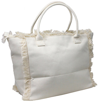 Viv&Lou® White Heavy Cotton Fringed Tote Boho Beach Shopping Shoulder Bag #M4258FW-VLN