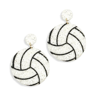 Volleyball Earrings White Glitter Game Day Sports Jewelry Player Gift #VLJE321-VOLLEY - Dangle Earrings