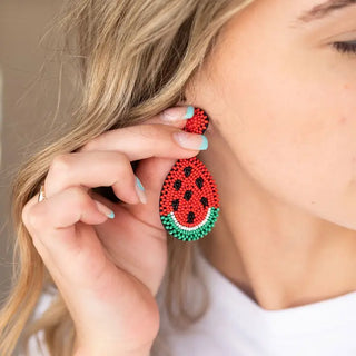 Watermelon Beaded Earrings Summer Fruit Beach Vacation Jewelry Gift #VLJ0478-MELON - Dangle Earrings