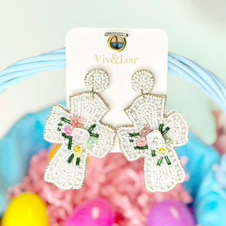 We Are Healed Cross Earrings Beaded Christian Faith Statement Jewelry #VLJE6026-WHT - Dangle Earrings