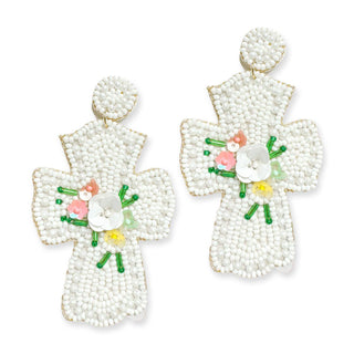 We Are Healed Cross Earrings Beaded Christian Faith Statement Jewelry #VLJE6026-WHT - Dangle Earrings