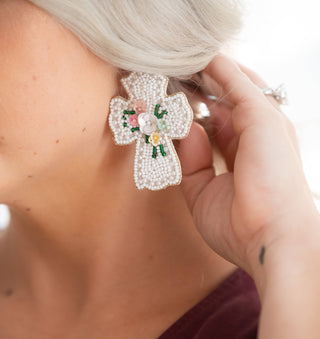 We Are Healed Cross Earrings Beaded Christian Faith Statement Jewelry #VLJE6026-WHT