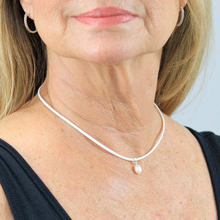 White Leatherette Choker Necklace with Pearl Charm #ACN2671WHT-PEARL - Pendant/Charm Necklace
