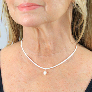 White Leatherette Choker Necklace with Pearl Charm #ACN2671WHT-PEARL - Pendant/Charm Necklace