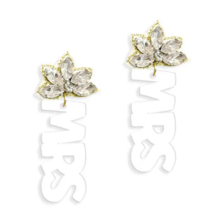 White Mrs Earrings Crystal Statement Bridal Jewelry #ACE-489CRY-MRS25 - Dangle Earrings