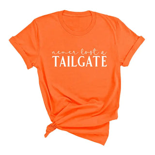 White Never Lost a Tailgate T Shirt Football Game Day Graphic Tee #HPTS-TAIL - Orange / Small - Screen Printed T-Shirt