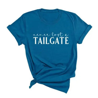 White Never Lost a Tailgate T Shirt Football Game Day Graphic Tee #HPTS-TAIL - Deep Teal / Small - Screen Printed