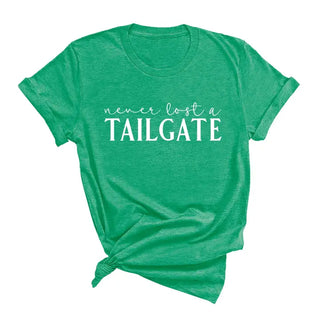 White Never Lost a Tailgate T Shirt Football Game Day Graphic Tee #HPTS-TAIL - Heather Kelly Green / Small - Screen