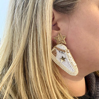 White Sneaker Earrings Gold Star Beaded Statement Sports Gift # VLJ4966-GD - Dangle Earrings