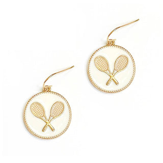 White Tennis Racket Earrings Gold Tone Sports Jewelry Gift for Her #VLJ2636-WHTTEN - Dangle Earrings