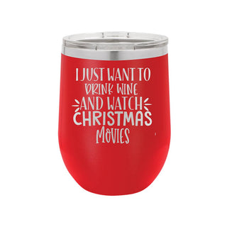 Wine Christmas Movies Tumbler Red 12oz Cup Holiday Movie Night Gift #TWB12-MOVIES-RED - Insulated Mug/Tumbler