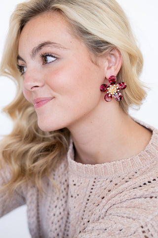 Wine Melrose Earrings Maroon Tortoise Floral Statement Jewelry #VLJE0083-WINE